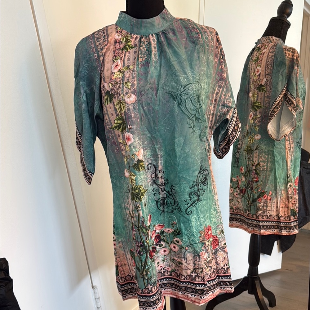 A-line Floral Patterned MiniDress with Pink and Green Accents, US M/8